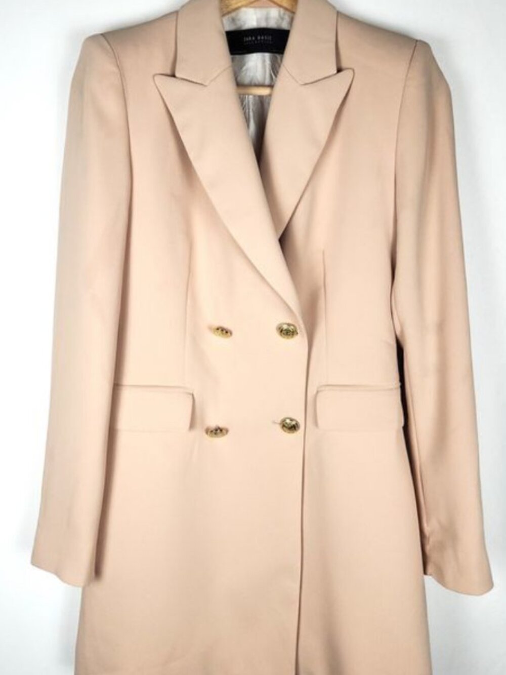 Zara XS peach light pink nude long blazer double breasted, shoulder pads